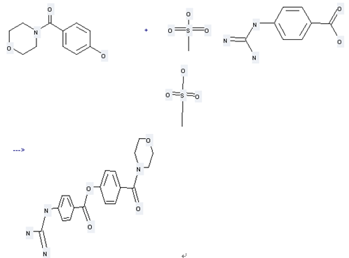 The Methanone, (4-hydroxyphenyl)-4-morpholinyl- can react with 4-Guanidino-benzoic acid; compound with Methanesulfonic acid to get 4-Guanidino-benzoic acid 4-(morpholine-4-carbonyl)-phenyl ester; compound with Methanesulfonic acid